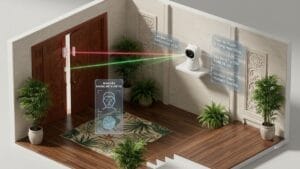 Sơ đồ kỹ thuật 3D liên động kích hoạt camera an ninh AI Aqara G3 khi cảm biến cửa T1 phát hiện mở cửa