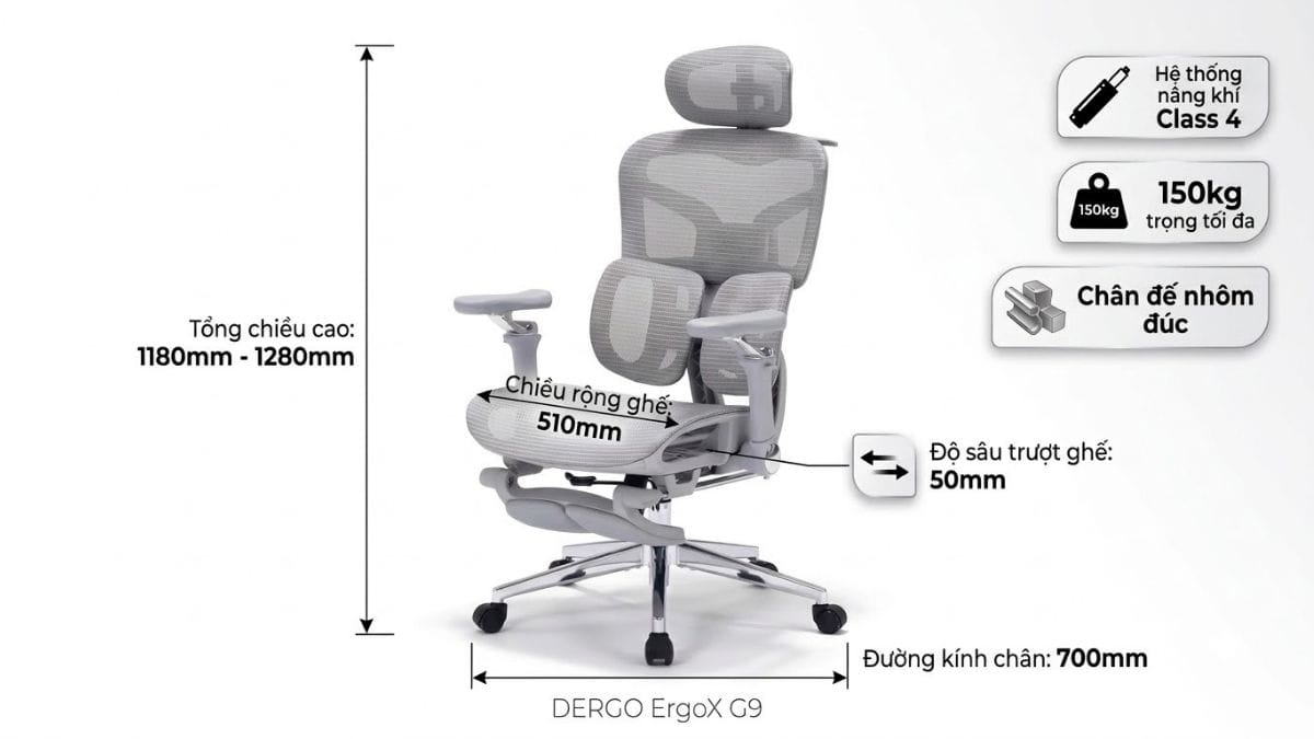 Sơ đồ kích thước kỹ thuật tổng thể biên độ nâng hạ và kích thước mâm ghế DERGO ErgoX G9 tỷ lệ 16:9