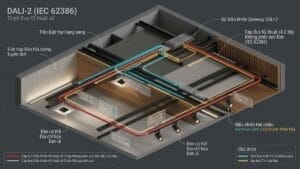 Sơ đồ kỹ thuật 3D cấu trúc mạng điều khiển chiếu sáng kỹ thuật số DALI-2 cho biệt thự cao cấp