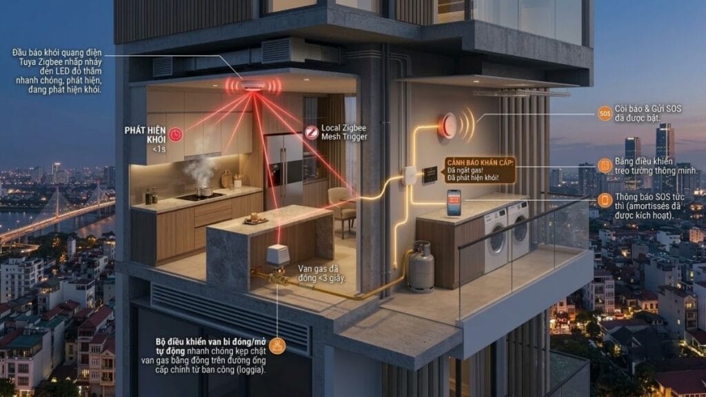 Sơ đồ 3D liên động tự động ngắt van gas khi cảm biến khói Tuya Zigbee phát hiện cháy nổ cho căn hộ chung cư