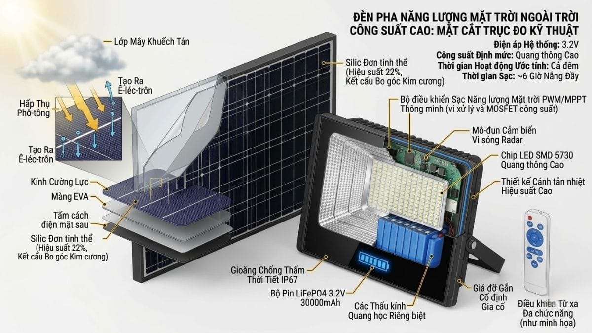 Sơ đồ kỹ thuật 3D cấu tạo đèn pha LED năng lượng mặt trời tấm pin Mono và pin lưu trữ LiFePO4