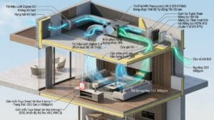 Sơ đồ kỹ thuật 3D liên động tự động giữa cảm biến đo không khí 6-in-1 và máy cấp gió tươi HRV âm trần