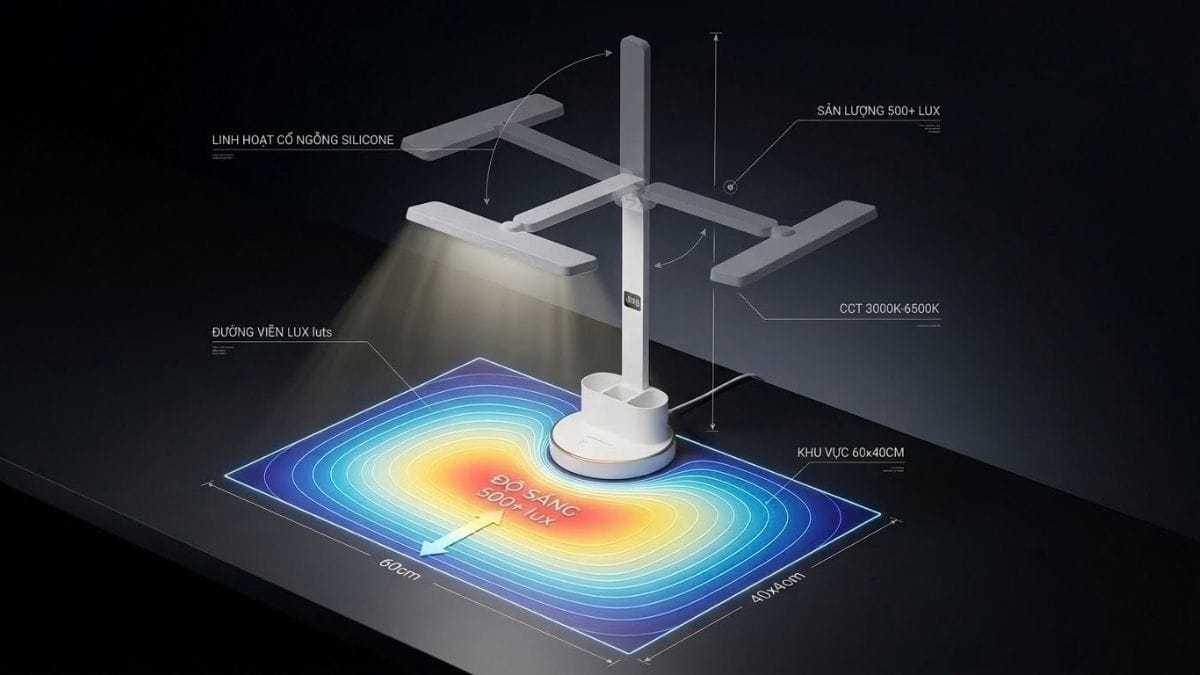 Sơ đồ kỹ thuật vùng phủ sáng và khớp uốn dẻo 360 độ Đèn ONR Bản vẽ sơ đồ kỹ thuật vùng phủ sáng góc rộng và cổ uốn dẻo 360 độ của đèn bàn học ONR