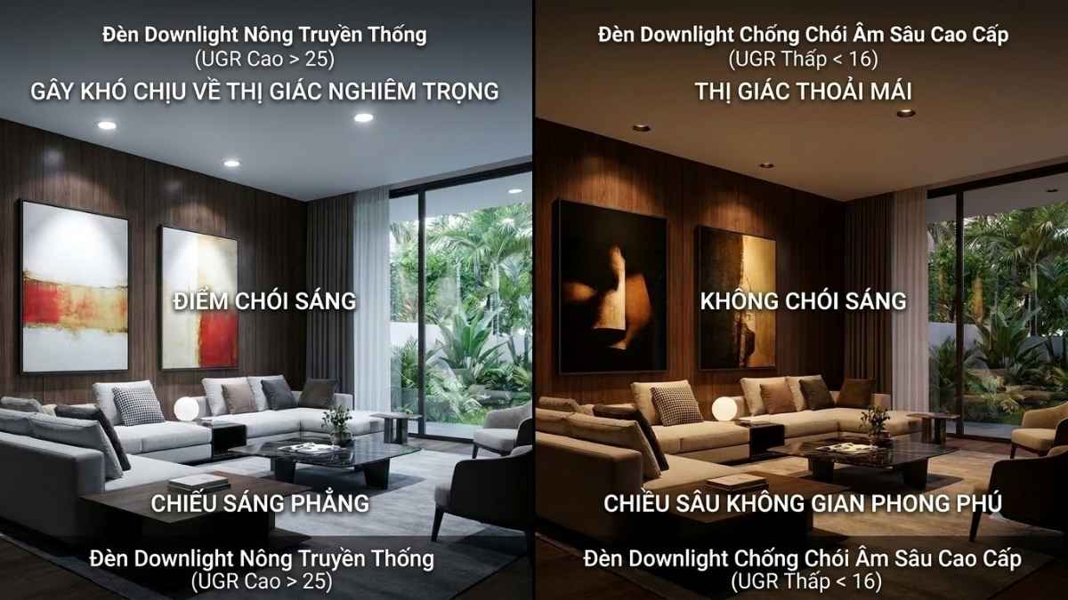 So sánh hiệu ứng thị giác giữa đèn âm trần thông thường và đèn chống chói UGR < 19 So sánh trực quan chỉ số chói UGR dưới 19 của đèn LED âm trần chóa sâu cao cấp và đèn thông thường