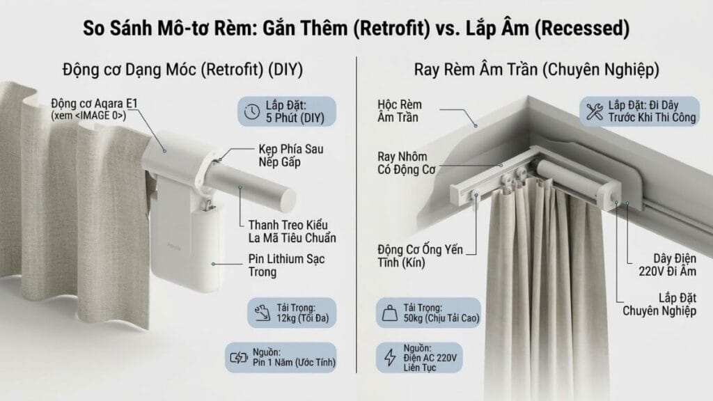 So sánh cấu tạo kỹ thuật động cơ rèm thông minh móc treo dùng pin và ray rèm âm trần chạy điện 220V