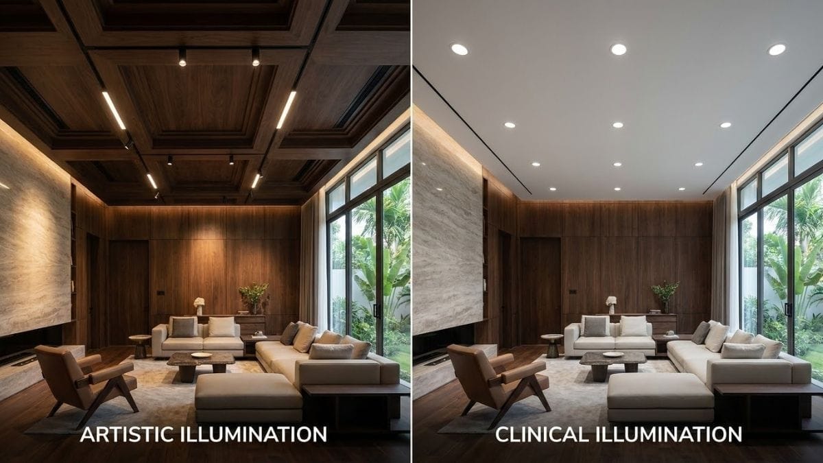 So sánh thẩm mỹ kiến trúc giữa đèn ray nam châm và đèn downlight âm trần So sánh trực quan hiệu ứng ánh sáng nghệ thuật của đèn ray nam châm từ tính và đèn downlight truyền thống