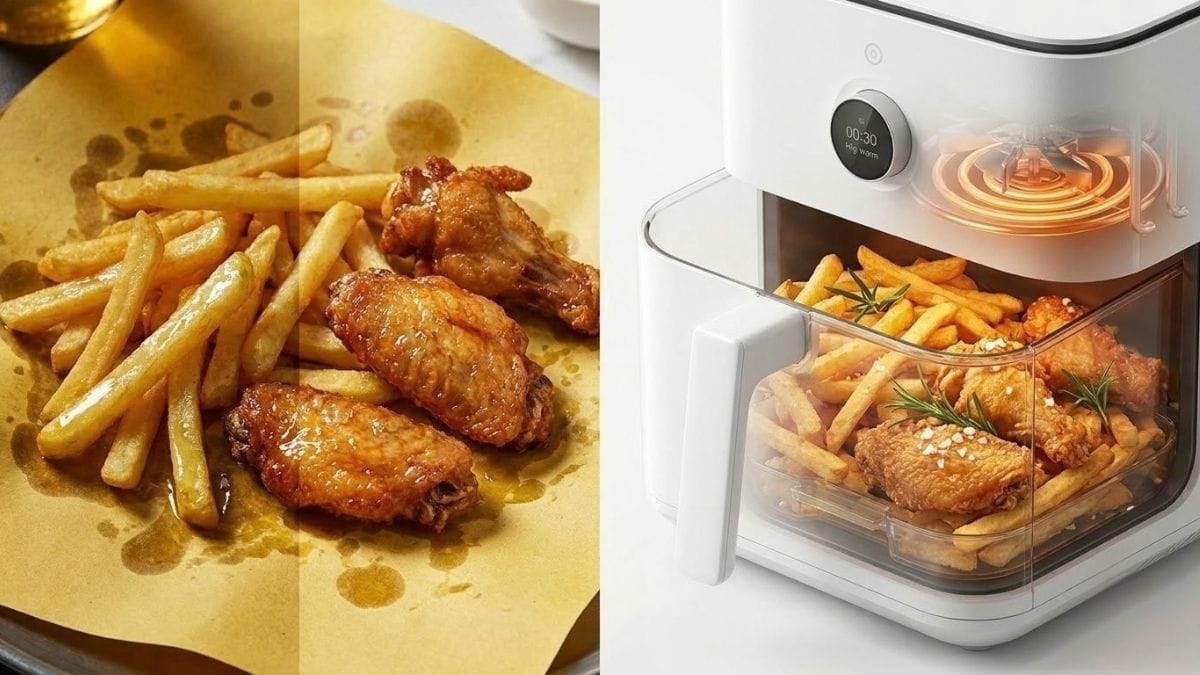 So sánh đĩa khoai tây chiên ngập dầu truyền thống và món nướng chiên không dầu Xiaomi vàng giòn ráo dầu