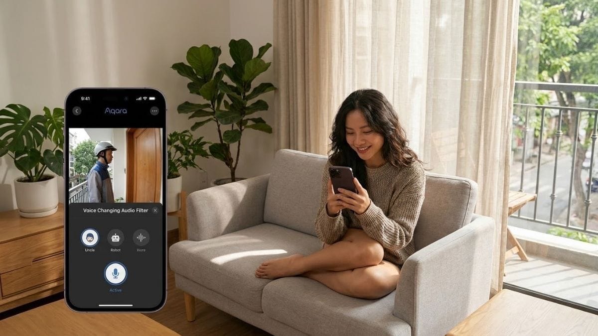 Trải nghiệm tính năng đàm thoại đổi giọng bảo vệ quyền riêng tư chuông cửa Aqara G4 Tính năng đàm thoại đổi giọng 2 chiều trên ứng dụng chuông cửa thông minh Aqara G4 bảo vệ phụ nữ khi ở nhà một mình