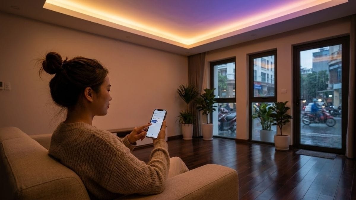 Trải nghiệm điều khiển ánh sáng LED dây RGBIC thông minh theo ngữ cảnh sống Gia chủ dễ dàng tùy biến màu sắc và ngữ cảnh ánh sáng LED dây RGBIC qua ứng dụng nhà thông minh