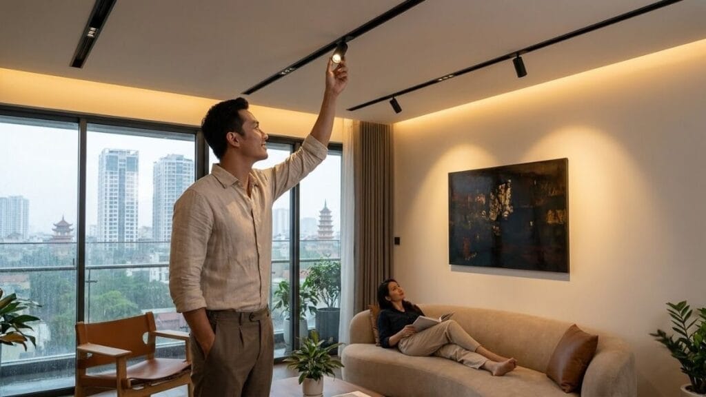 Gia chủ dễ dàng tháo lắp và di chuyển vị trí đèn rọi trên hệ ray nam châm 48V an toàn không cần ngắt điện