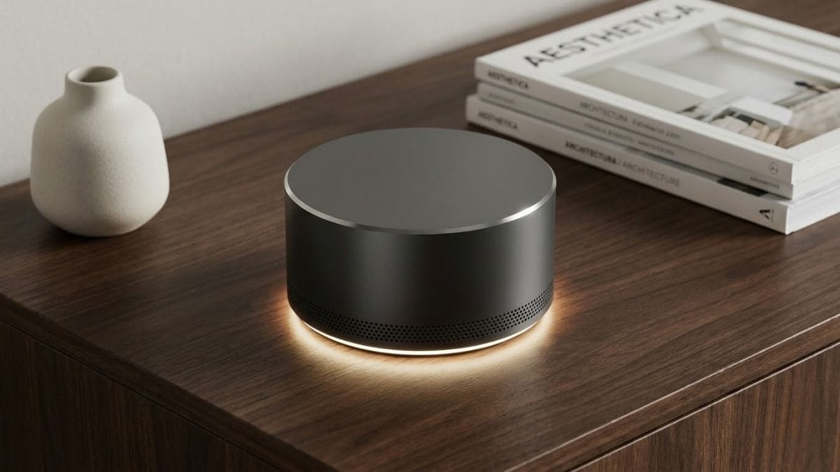 Bộ định tuyến Thread Border Router màu đen than chì tinh tế với đèn chỉ báo LED mờ trên mặt kệ gỗ tự nhiên