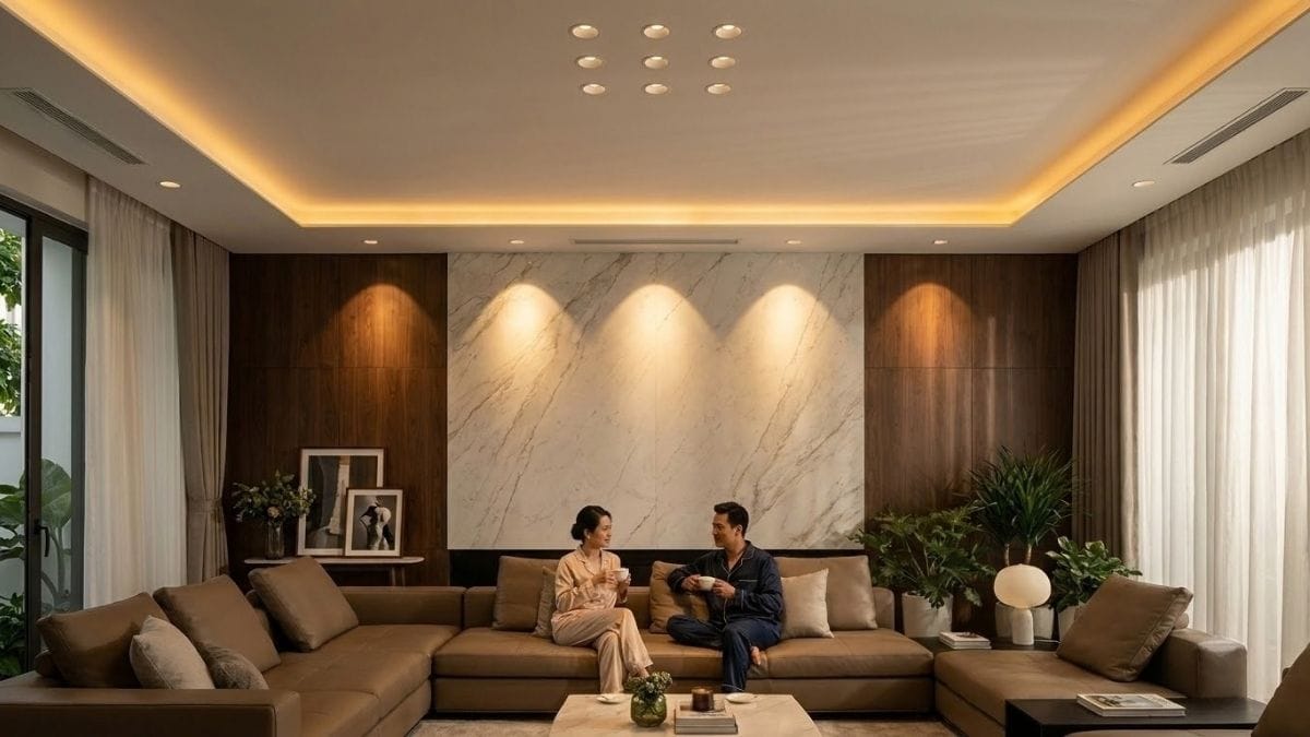 Phối cảnh nội thất phòng khách biệt thự sang trọng với ánh sáng nghệ thuật đồng nhất hoàn mỹ Không gian phòng khách biệt thự với các chùm sáng rọi tường đồng nhất tông ấm 3000K không bị loang màu trên vách đá marble