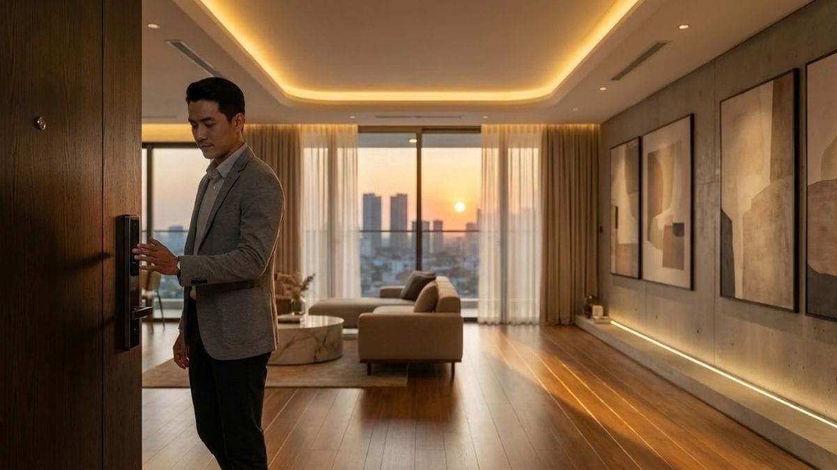 Gia chủ chạm mở khóa cửa thông minh, toàn bộ hệ thống đèn và rèm cửa tự động đón chào ngay lập tức